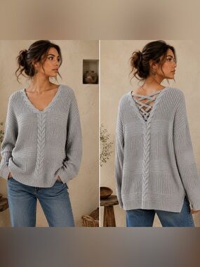 FCT With Love 2X Ice Blue Chunky Knit Sweater Lace Up Back Cable Oversized